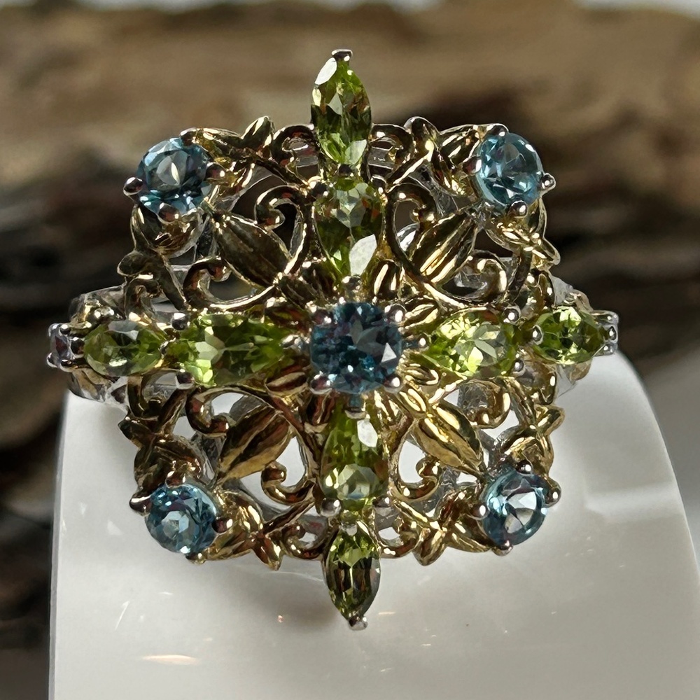 Peridot, blue topaz cocktail ring. Set in sterling silver